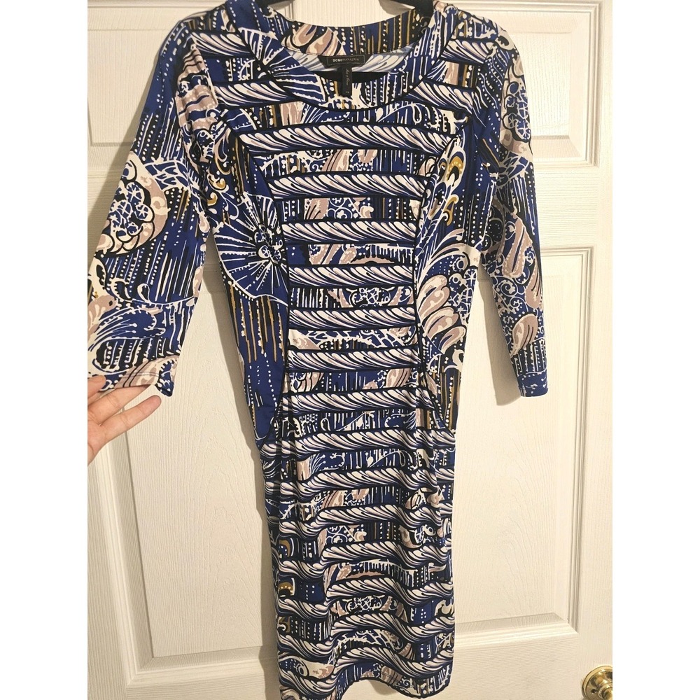 BCBG MaxAzria Dress Size Small Blue Printed Paneled Formal Sheath 3/4 Sleeves - Picture 7 of 10